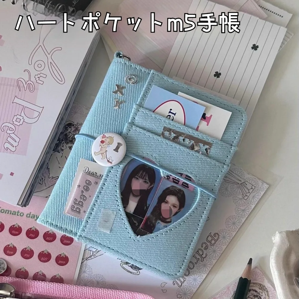 Carnet M5 coréen en denim avec fenêtre cœur, classeur 5 anneaux, mini journal portable, agenda de voyage, porte-cartes, collection de photos d'idols DIY