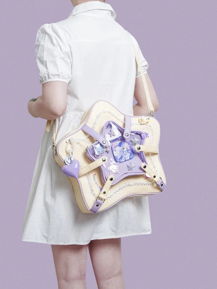 Original Yellow and Purple Cream Color Contrasting Five-pointed Star Bag Messenger Bag Cute Bow Sweet Backpack