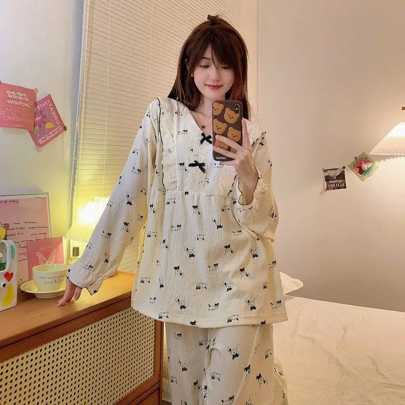 

Комплект домашней одежды для женщин больших размеров: пижама с длинным рукавом, удобный, милый, с мультяшным принтом, свободный крой, V-образный вырез, комплект для дома и отдыха