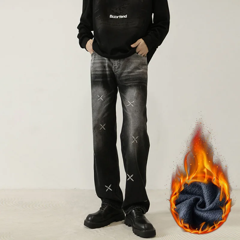 Winterfleece vintage herenjeans gewassen zwart blauw geborduurde dikke broek losse Amerikaanse retro rechte pijpen trend denim broek