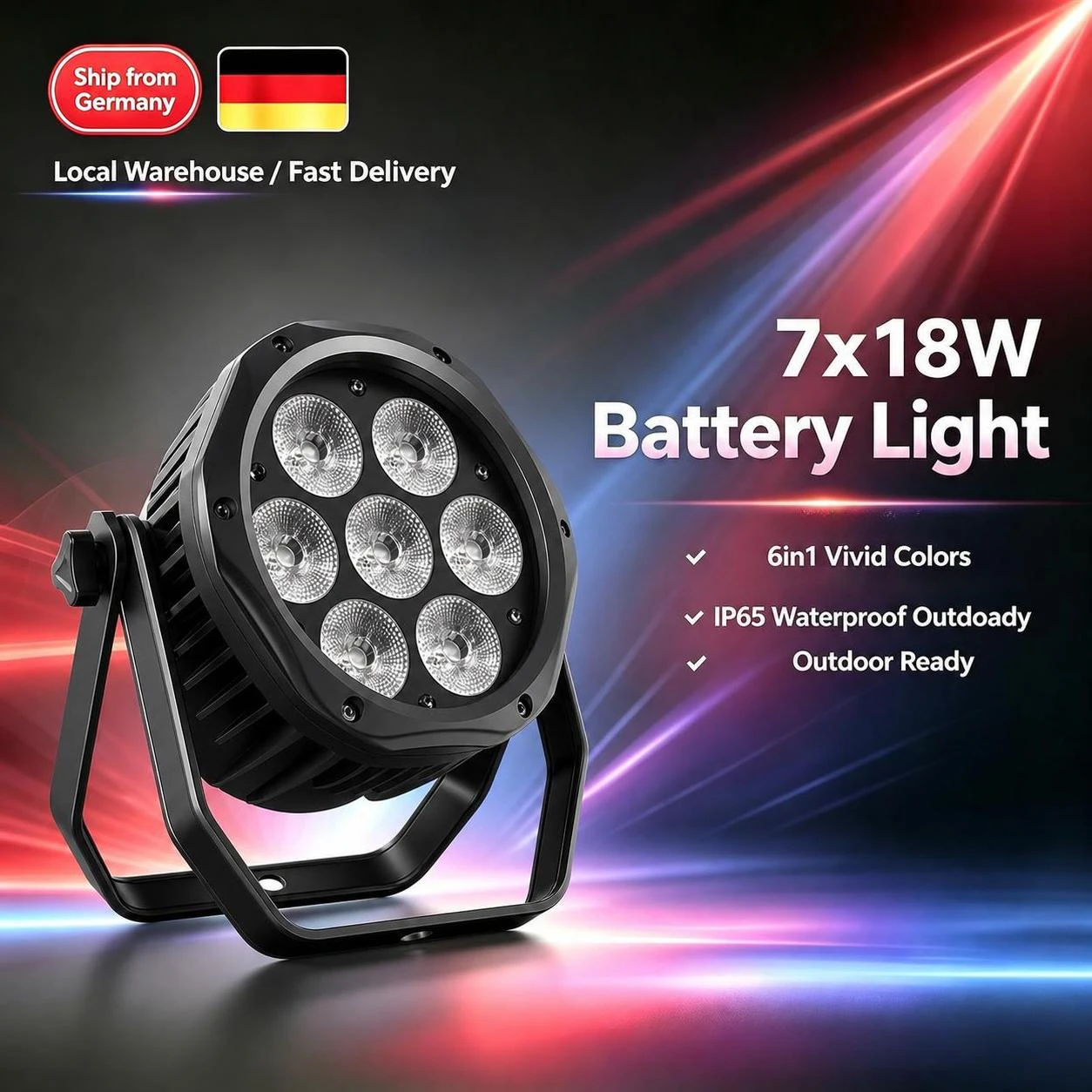 IP65 Wasserdichtes LED-Par-Licht mit Powercon 7x18W RGBWA-UV 6-IN-1, mehrere Einheiten verfügbar, professionelles Outdoor-Bühnenlicht für DJ-Weihnachtsveranstaltungen.