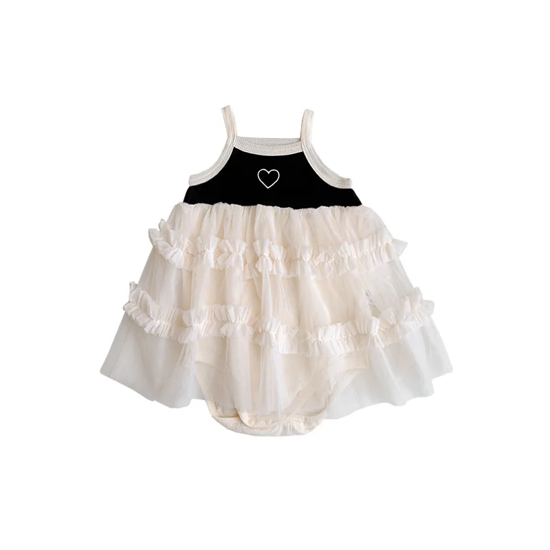 الوليد طفلة ملابس الصيف رقيقة أكمام الأميرة شبكة رومبير بذلة القوس التطريز كشكش زر أسفل ارتداءها