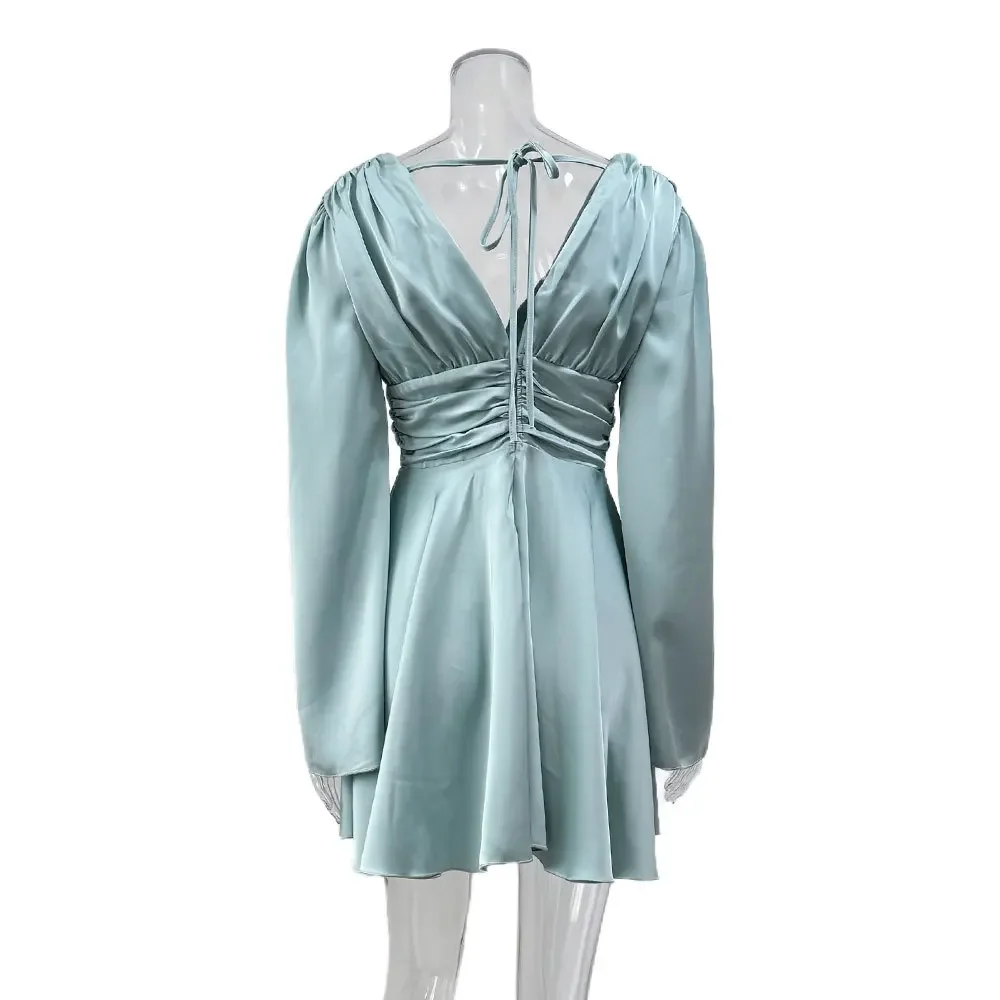 Elegante partij satijnen flare lange mouw jurk dames sexy diepe v-hals effen kleur hoge taille jurken herfst mode korte rokken