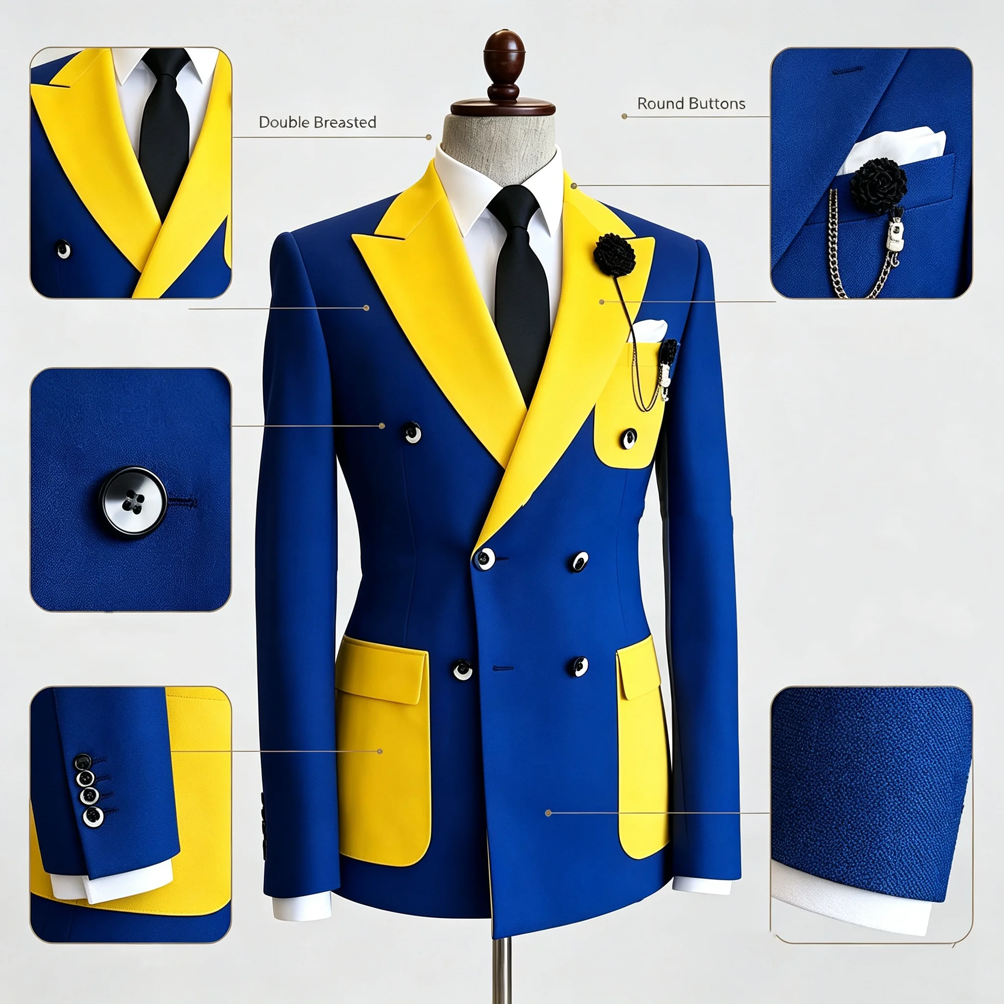 Men's Slim Fit Double Breasted Tuxedo Jacket Fashion Contrast Spliced ​​Peak Lapel Wedding Groom Stage Formal Business Blazer