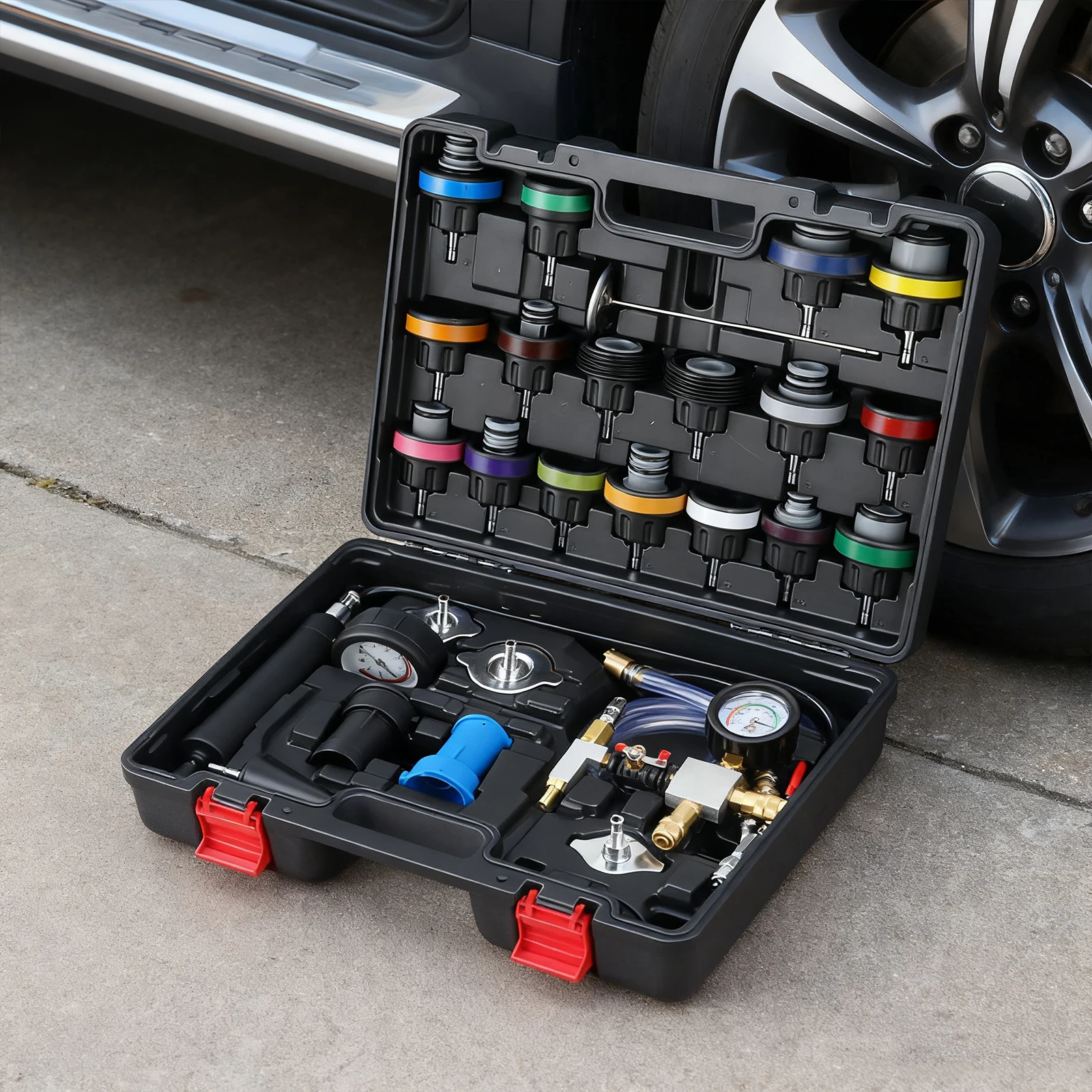 Tester di pressione del radiatore Kit di riempimento sottovuoto universale da 28 pezzi Kit tester di pressione della pompa del radiatore per camion moto auto