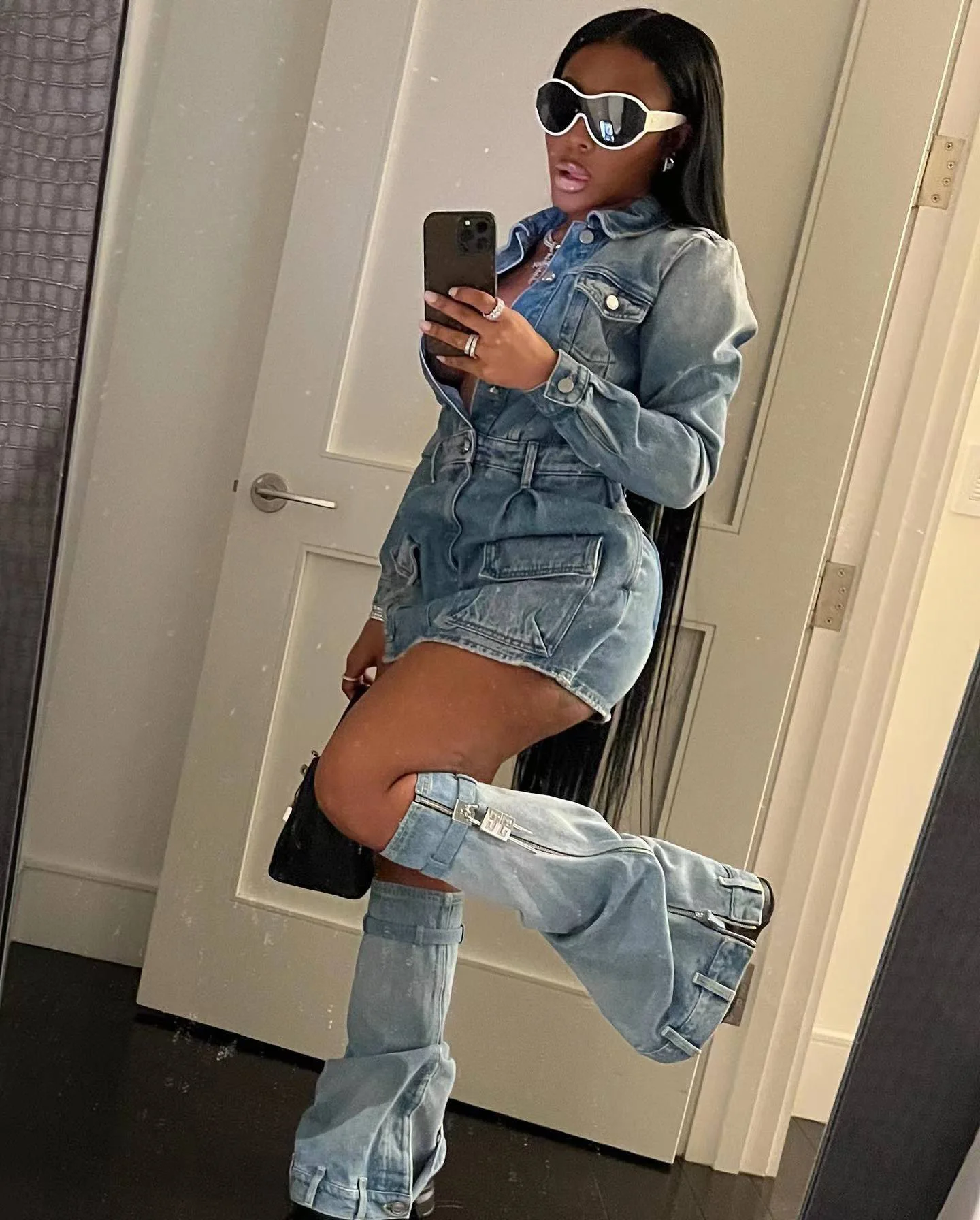 Women's Denim Dress with Lapel Neck Slim and Elegant Long Sleeve Mini Dress + Pant Legs Paired with a Sexy Two-piece Suit