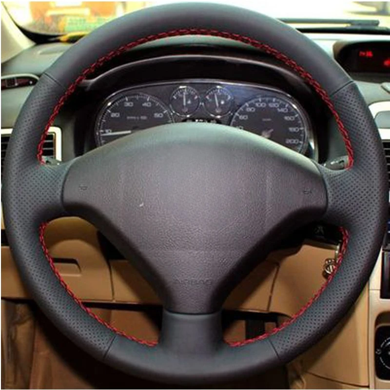 DIY Black Hand Sewing Steering Wheel Cover Sofe Artificial Leather Car Steering Wheel Cover for Peugeot 307