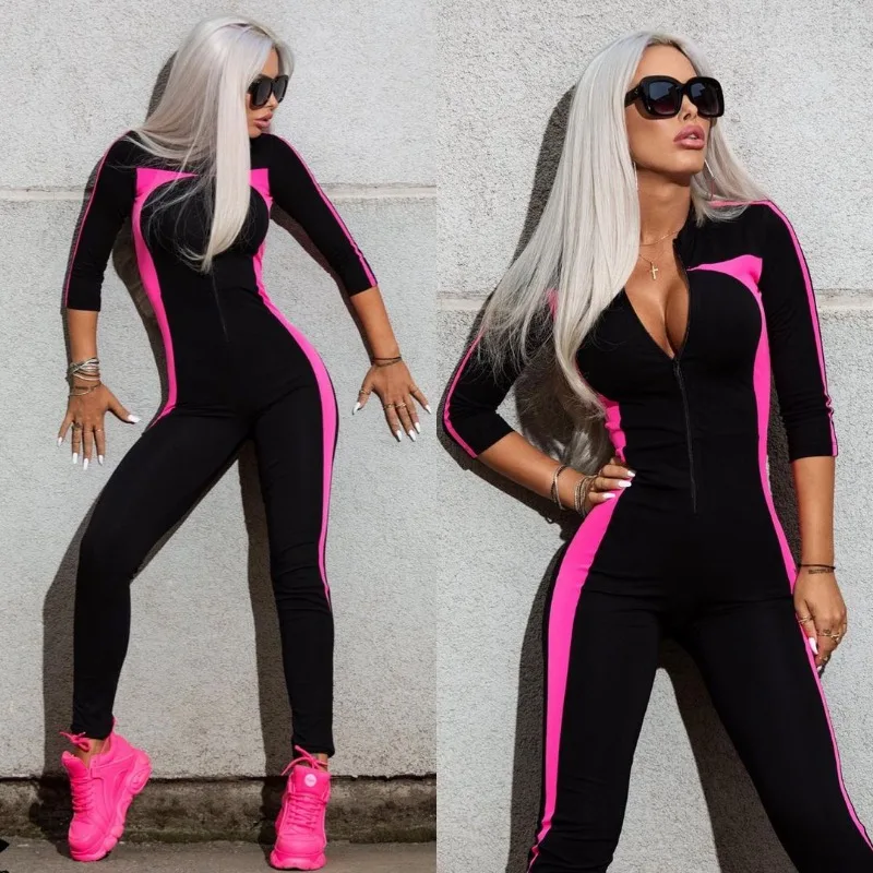 

Krisnanas, черный, розовый женский комбинезон для йоги, новинка 2026, обтягивающий женский длинный комбинезон с длинными рукавами и воротником-молнией, 85455