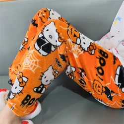 Halloween Sanrio Anime Fleece Hello Kitty pigiama pantaloni doppio tessuto elastico pantaloni morbidi donna Kawaii Cartoon regalo di compleanno