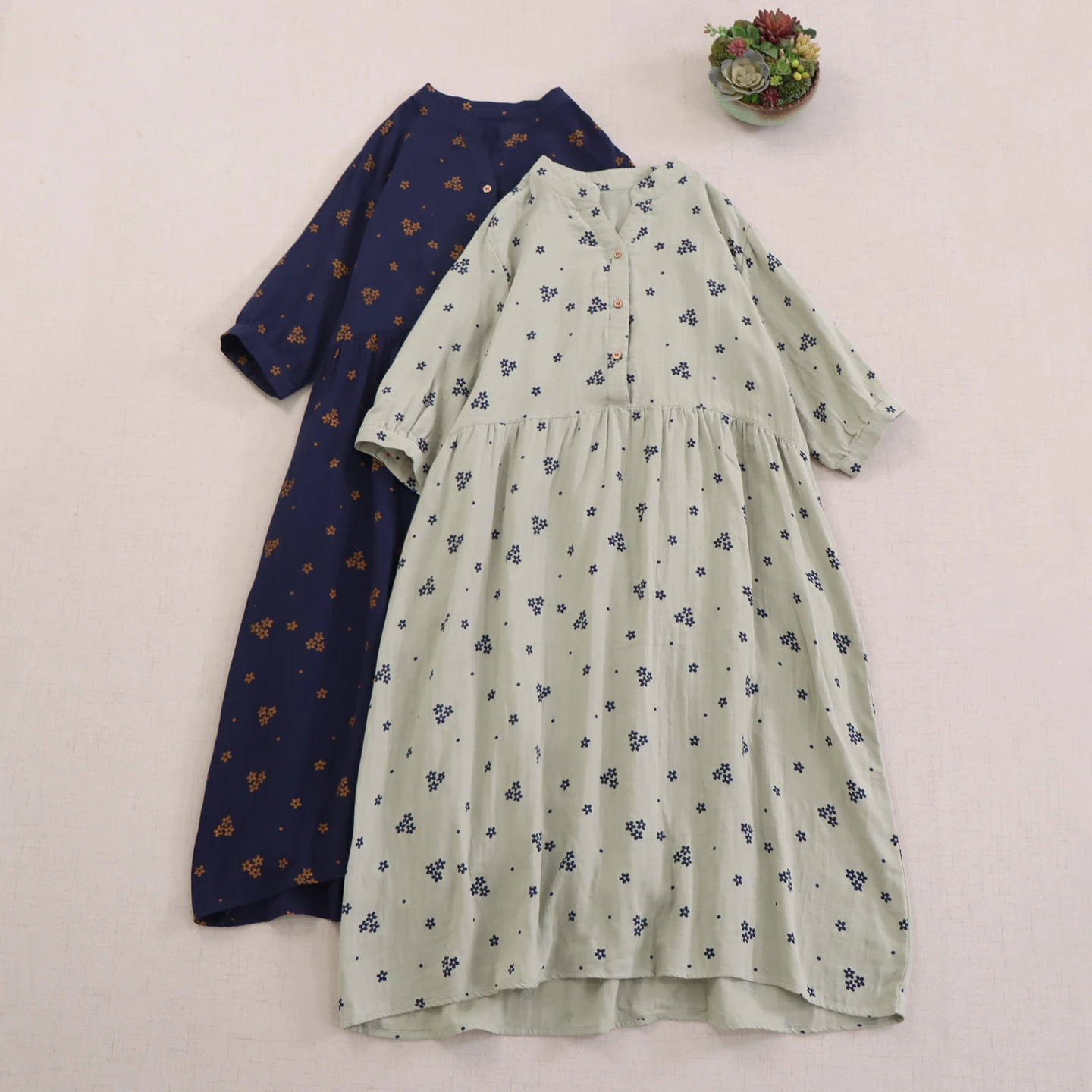 

Japanese Vintage Mori Girl Floral Print 100% Cotton Yarn Dress Women Summer V-Neck Short Sleeve Casual Loose A-Line Midi Dresses