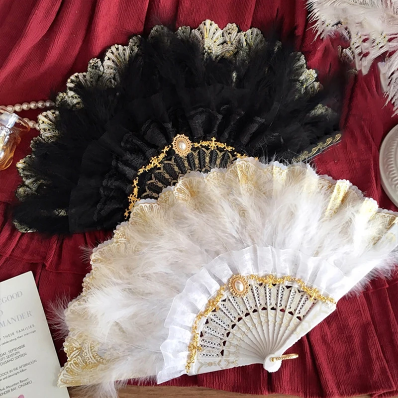 

Vintage Feather Lace Folding Fan Japanese Lolita Style Pattern Craft Fan Dance Cheongsam Collocation Ornaments Feathers Hand Fan