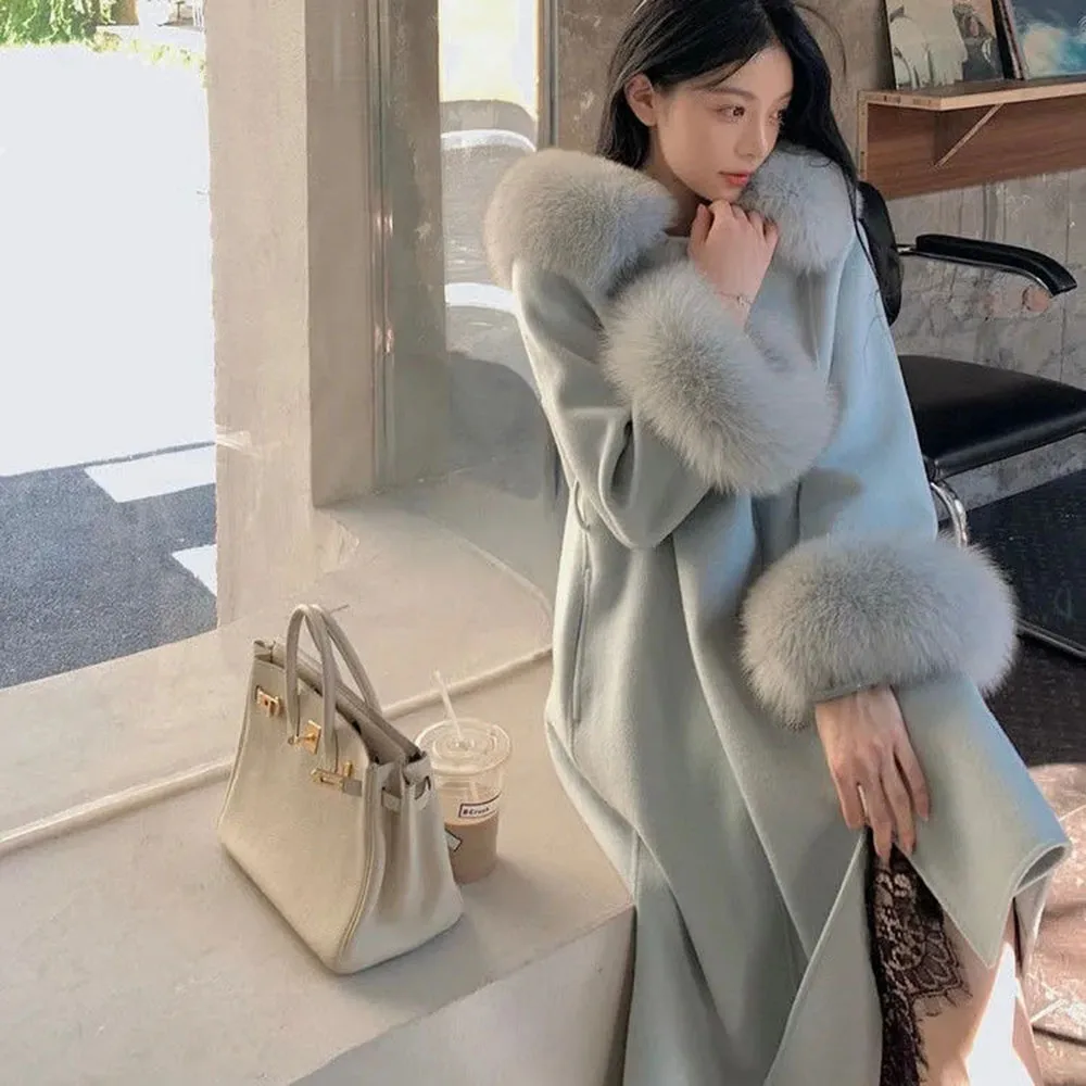 Winter Fashion Hooded Fur Coats Women's Wool Blends Jackets Medium Long Imitation Fox Hair Thicken Korean Elegant Woolen Outwear