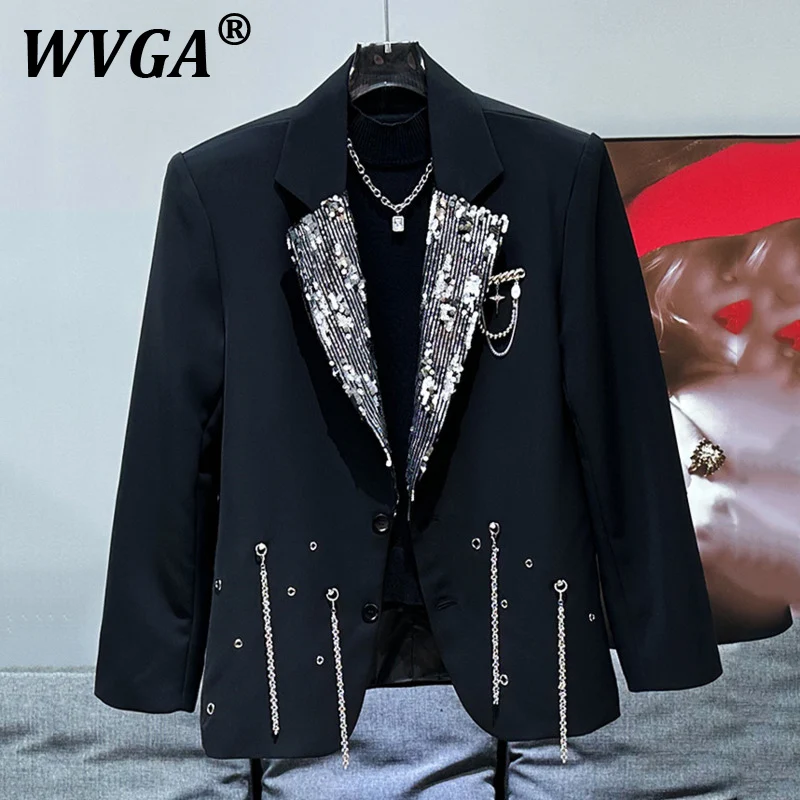 

WVGASpring осень новые мужские Tide Techwear металлическая цепочка с блестками дизайн модный бальзер свободный шикарный повседневный костюм-пальто Ins W7866