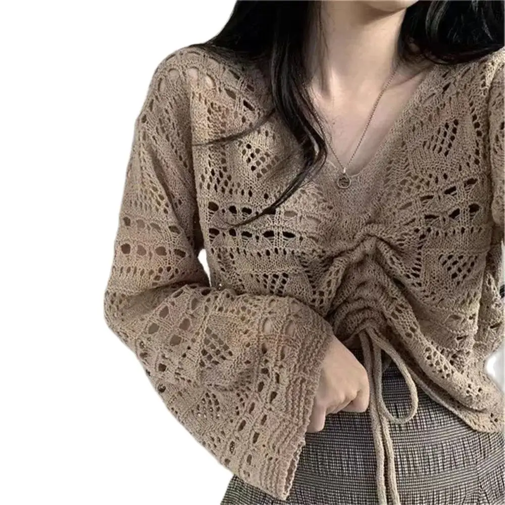 2024 Korean Fashion Cropped Lace-up Design Pure Hollow Out Knitwear All-match Simple Tops Sweaters Women Spring College