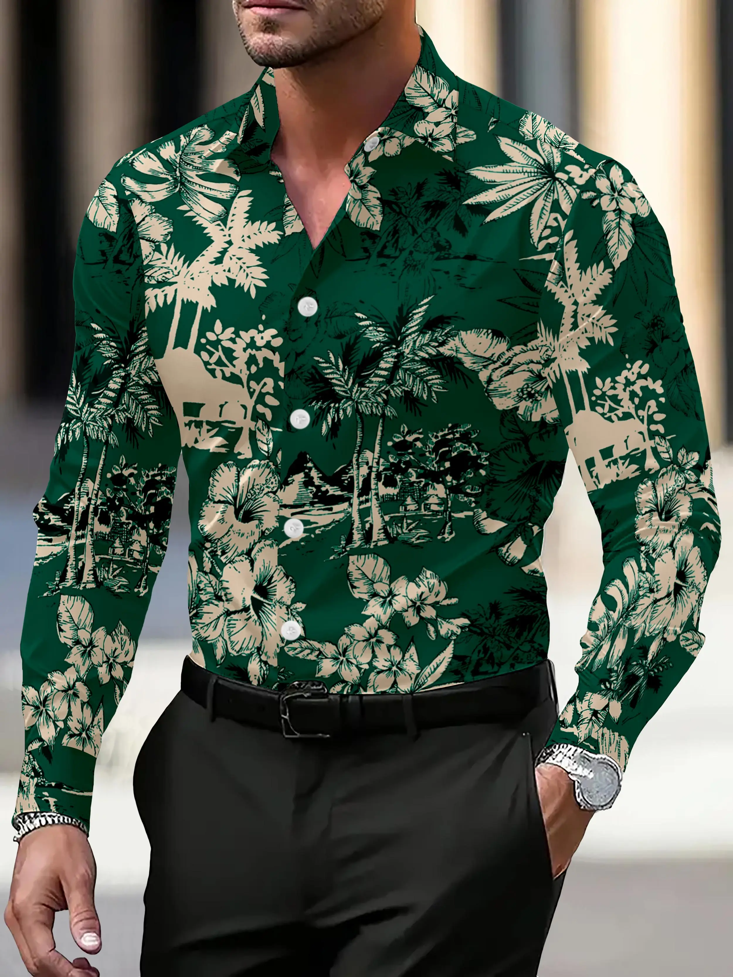 Men's long sleeved shirt casual lapel shirt fashionable digital printed top fashionable animal printed top, machine washable