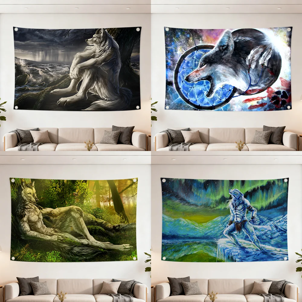 Emo White Wolf Sitting Meme Q flag Decoration Outdoor Picnic Party Art Hanging Home Camping Party Banner Best sellers