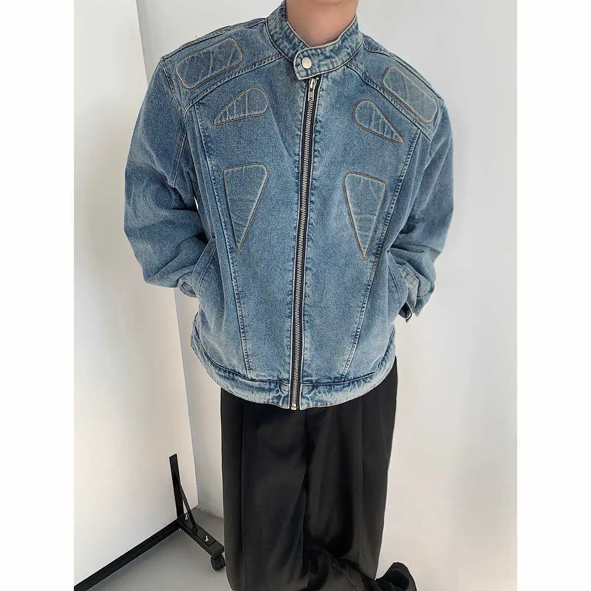 

American Style Niche Design Men's Shoulder Pad Jackets Denim Washed Round Collar Zipper Loose Male Coats 2025 Spring