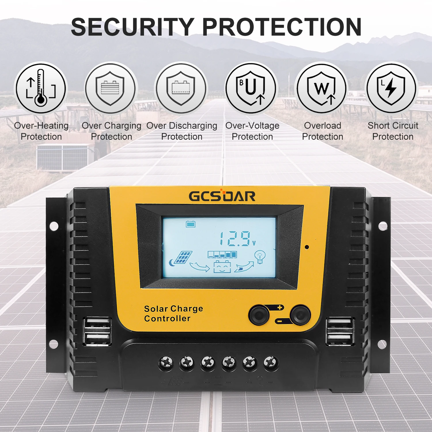 GCSOAR 20A/40A/60A/80A 12/24/36/48V PMW Solar Charge Controller LCD Charge Regulator lithium battery Dual USB