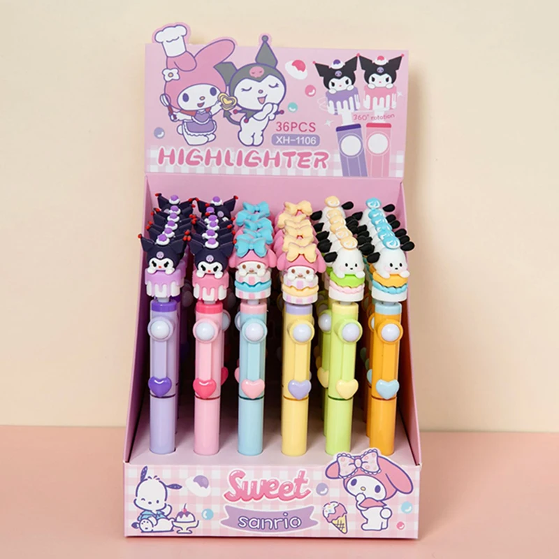 36pcs Sanrio 6-Color Highlighter Pen Kuromi Pachacco Mymelody Student Color Marker Pen School Supplies School Supplies Wholesale