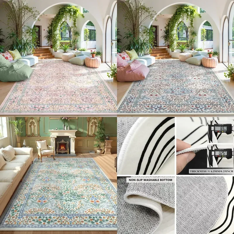 Pink Living Room Carpet Large Machine Washable Carpets Bedroom Bedside Floor Mat Home Decoration Bohemian Flower Non-Slip Rug