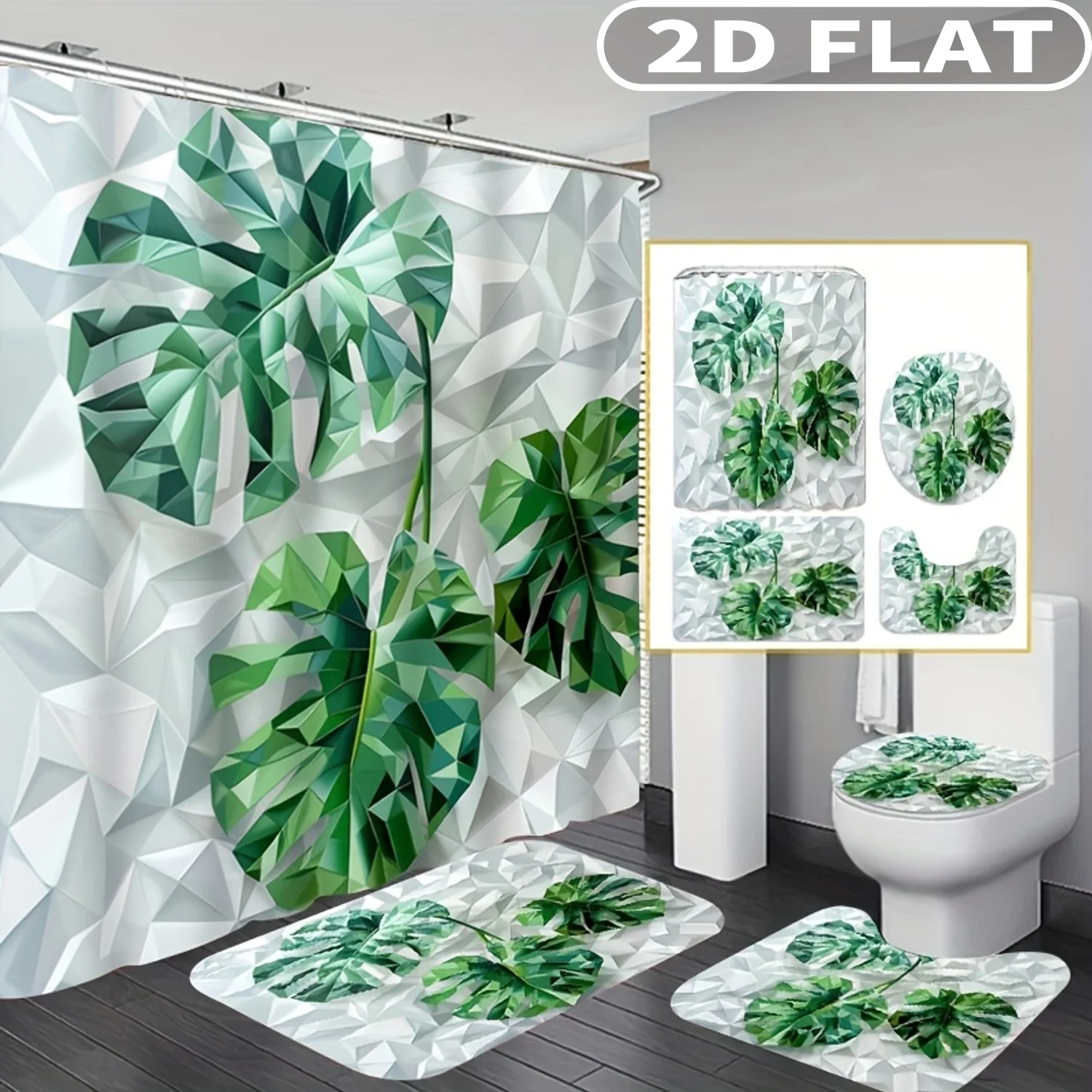 

1pc/ 4pcs 2D FLAT Geometric Leaf Pattern Print Pattern Shower Curtain Set, Accessories with Bath Mat, U-shaped Mat, Toilet Lid