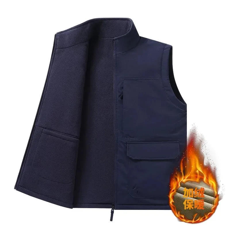 Men Reversible Fleece Lined Vest Stand Collar Outdoor Warm Sleeveless Workwear Waistcoat Autumn Winter