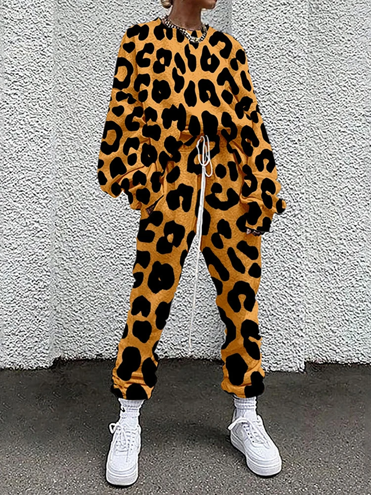 Women Tracksuit Hipster Street Style Colorful Leopard Printed Casual Full Sleeve O Neck Sweatshirt + Drawstring Pants Two-pieces