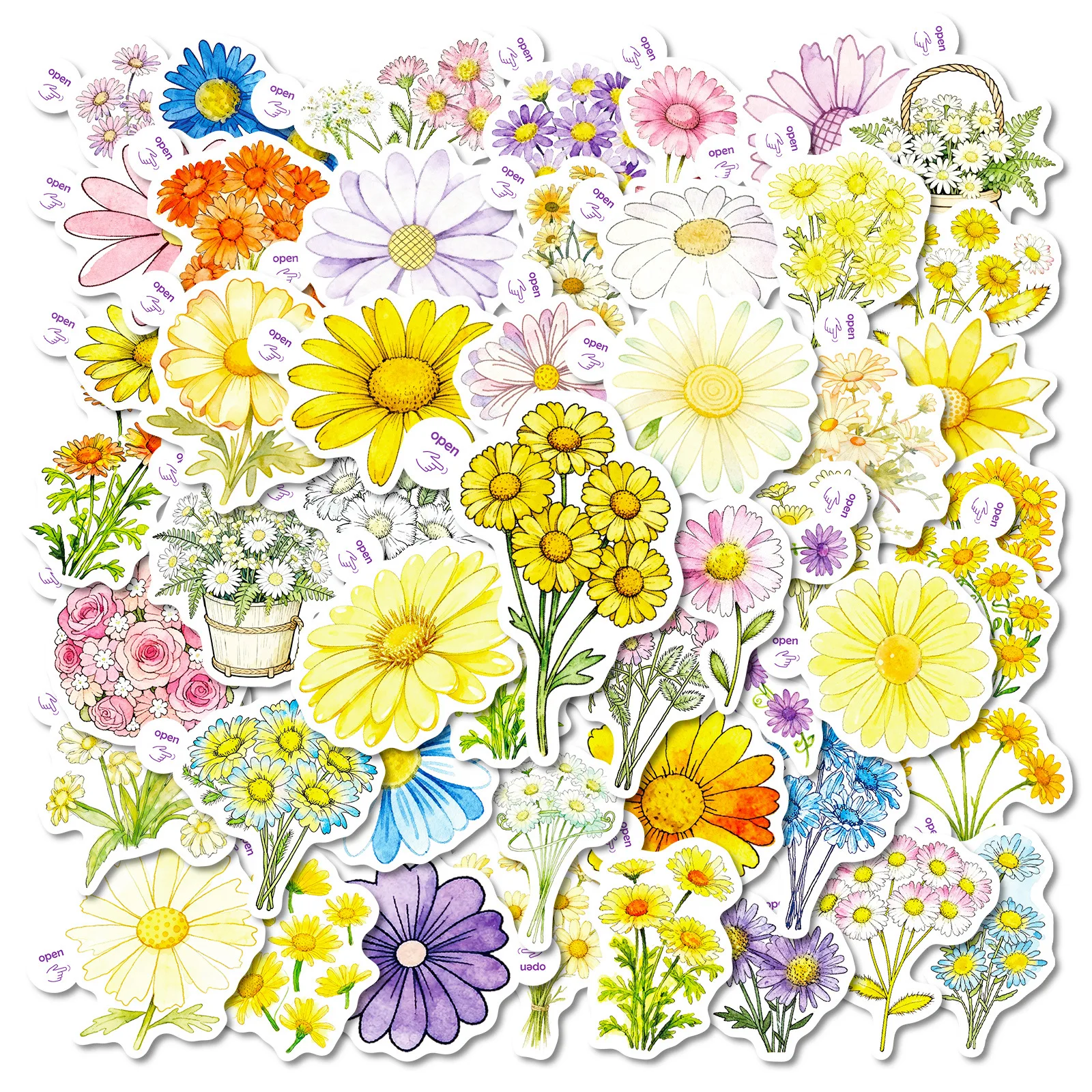 50 Uds. De margaritas de acuarela, flor, fácil de rasgar, pegatina para oreja pequeña, ramo Multicolor fresco pintado a mano, pegatina literaria