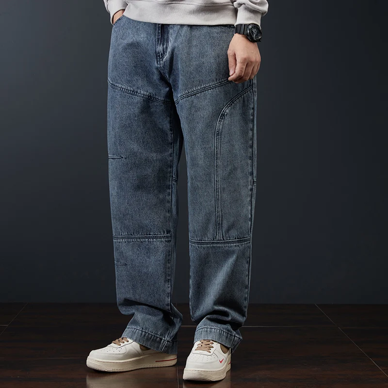 

Men's Harlan Denim Jeans Straight Leg Thiened Large Size Trendy Splicing American High Street Long Pants Autumn Winter