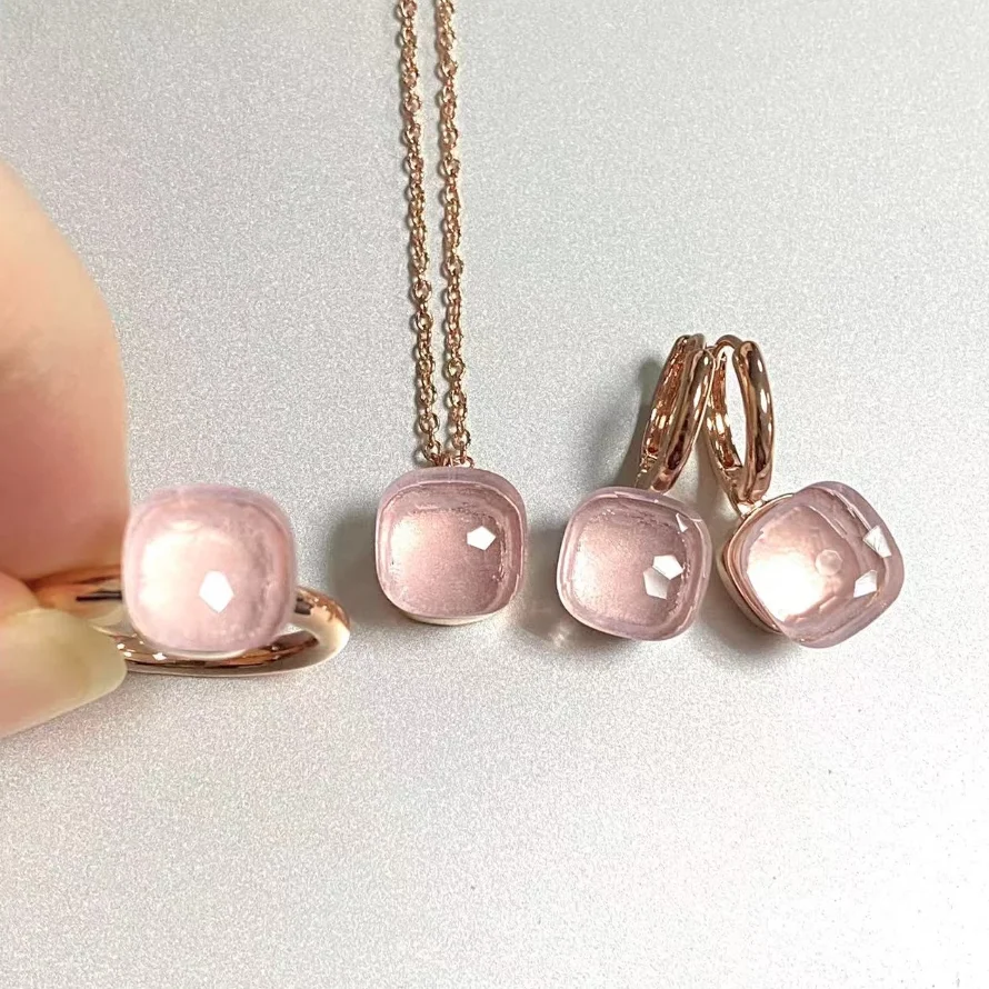 3Pcs/Set 10.6mm Women Ring Earrings Necklace Jewelry Set 34Colors Pink Crystal Jewelry Set Rose Gold Plated Jewelry