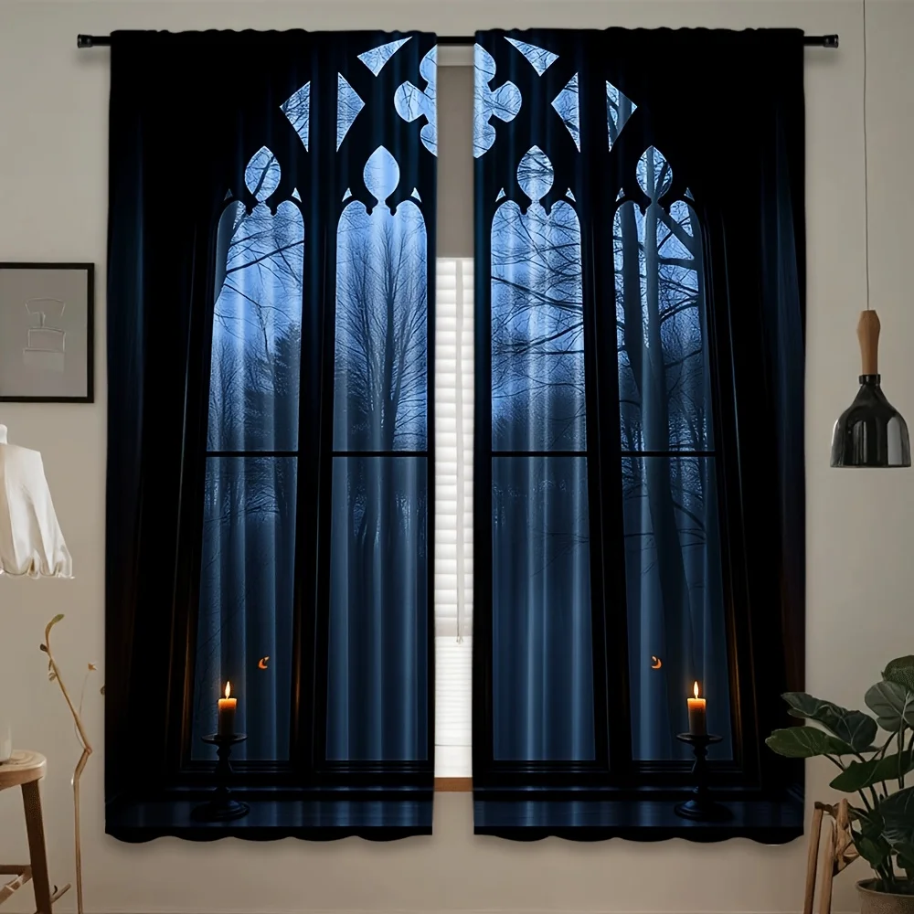 Deep Blue Gothic Arched Window Curtains Cathedral Style Sheer Panels Decorative Window Drapes Curtain Set for Bedroom Living