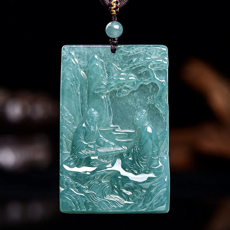 

Natural A-grade Blue Water Jade Pendant 'High Mountains And Flowing Water' Buddha Amulet for Soulmate Finding Jadeite Jewelry