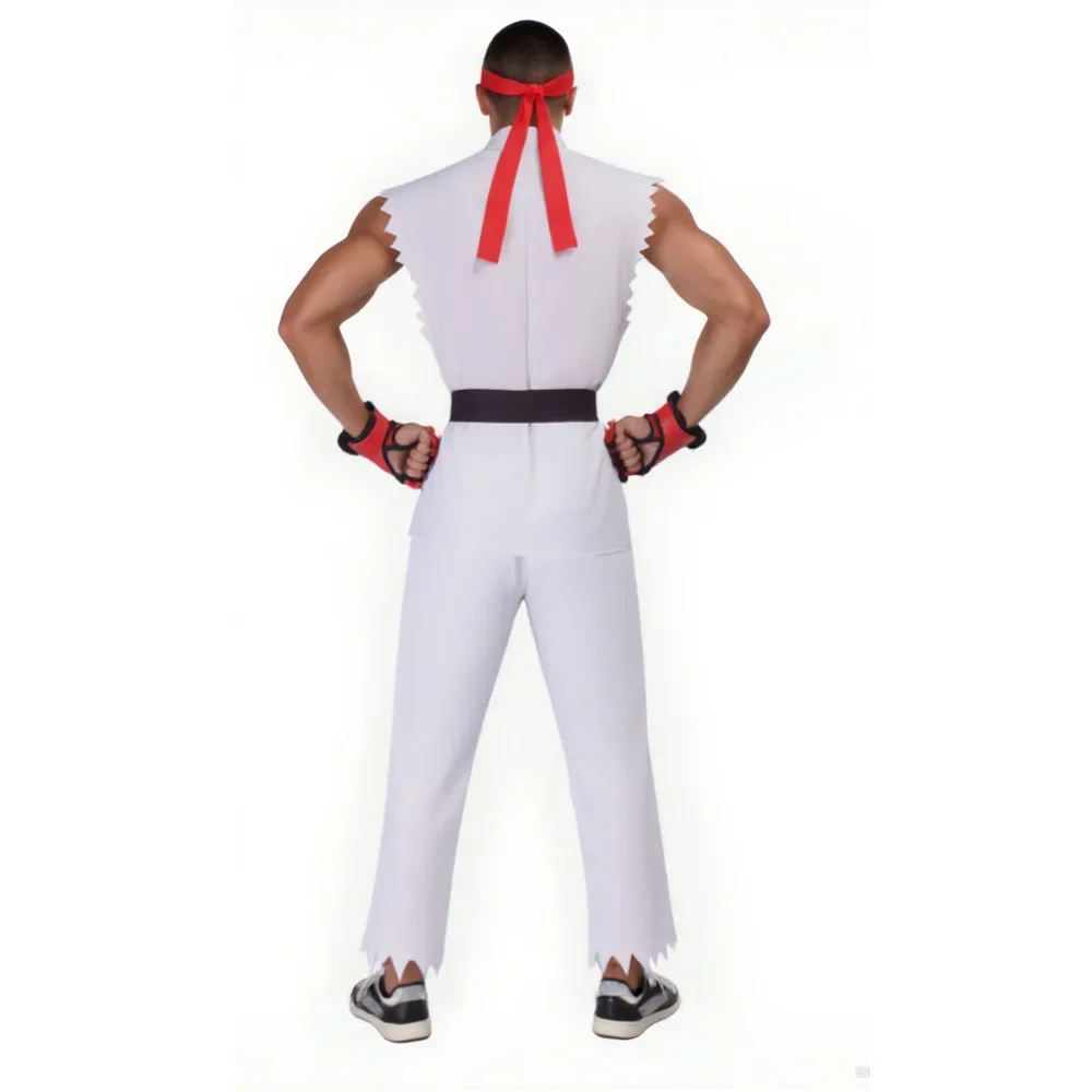 Men White Red Martial Arts Uniform With Belt Ryu Ken Cosplay Costume Street Fighter Inspired Outfit For Halloween Masquerade Fan view 4