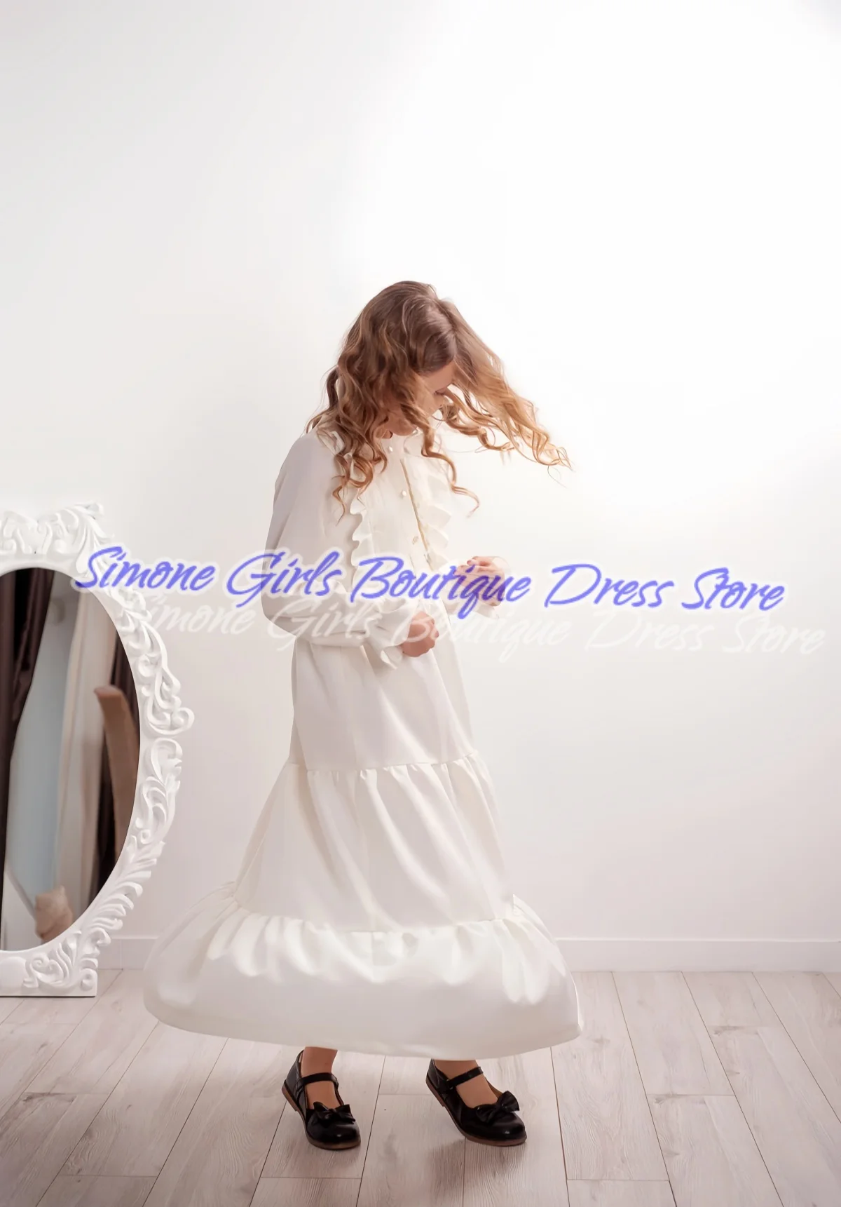 Faldas blancas hasta el tobillo Mangas largas Cuello redondo Vestido de niña de las flores para la primera comunión Recepciones formales Fiesta de celebraciones navideñas