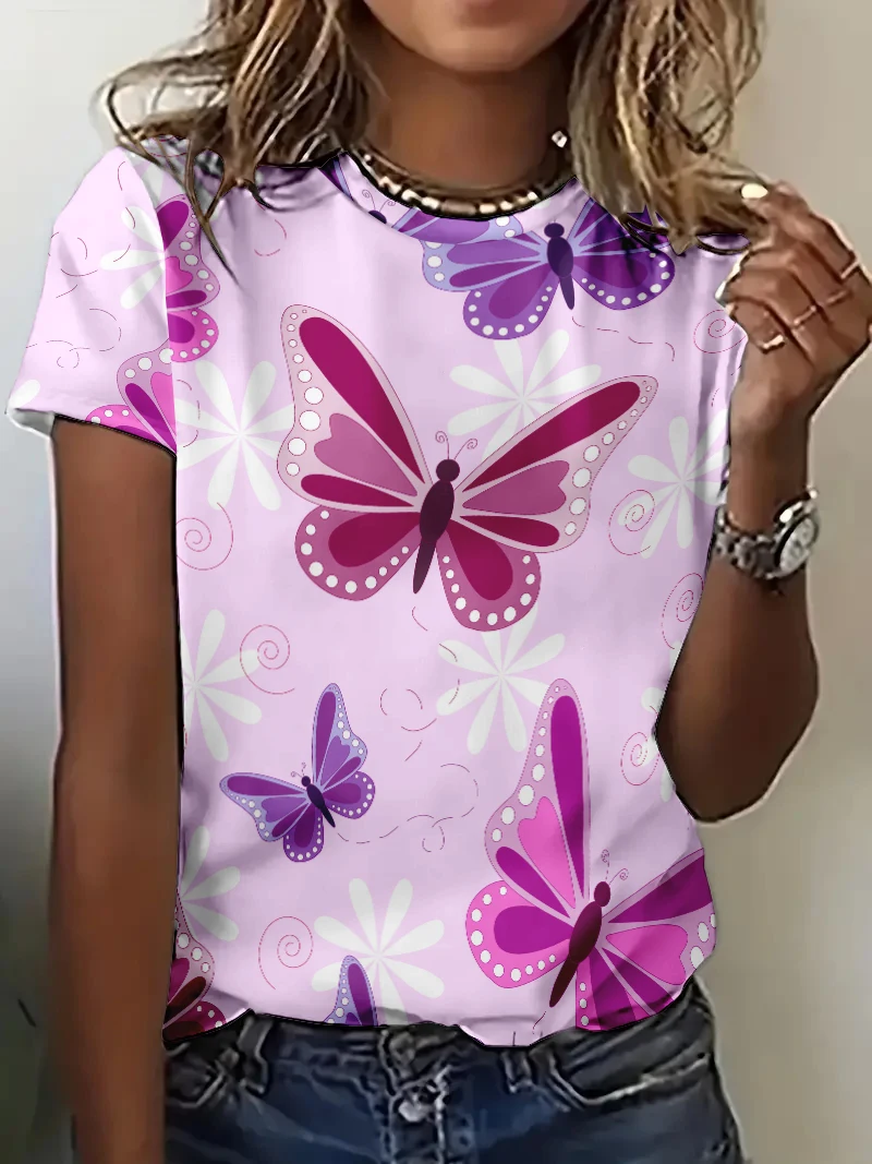 Butterfly pattern short sleeved top for women's commuting style comfortable and versatile round neck elegant temperament T-shirt