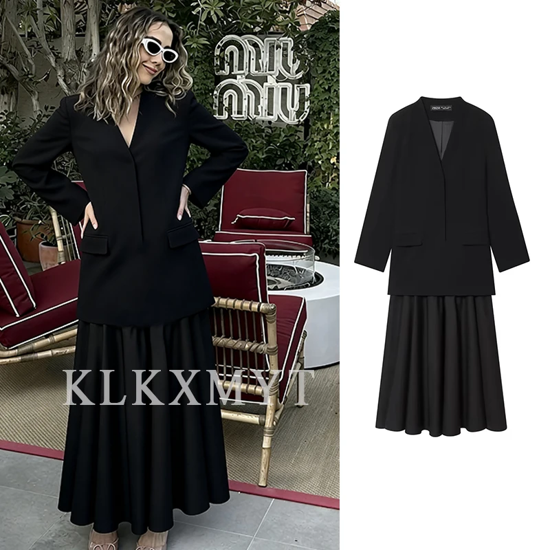 Vrouwen Splicing Pak Jurk 2026 Lente Zomer Pak Top + Rok Zwart Tweedelige Set Voor Vrouwen Mode elegante Feestjurk Set