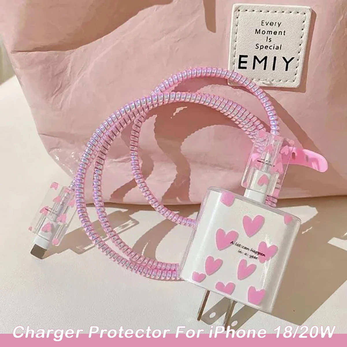 Pink Love Heart Charger Protection Case For iPhone 11 12 13 14 US 20W Fast Charging Adapter Protector Cover For Apple 15 16