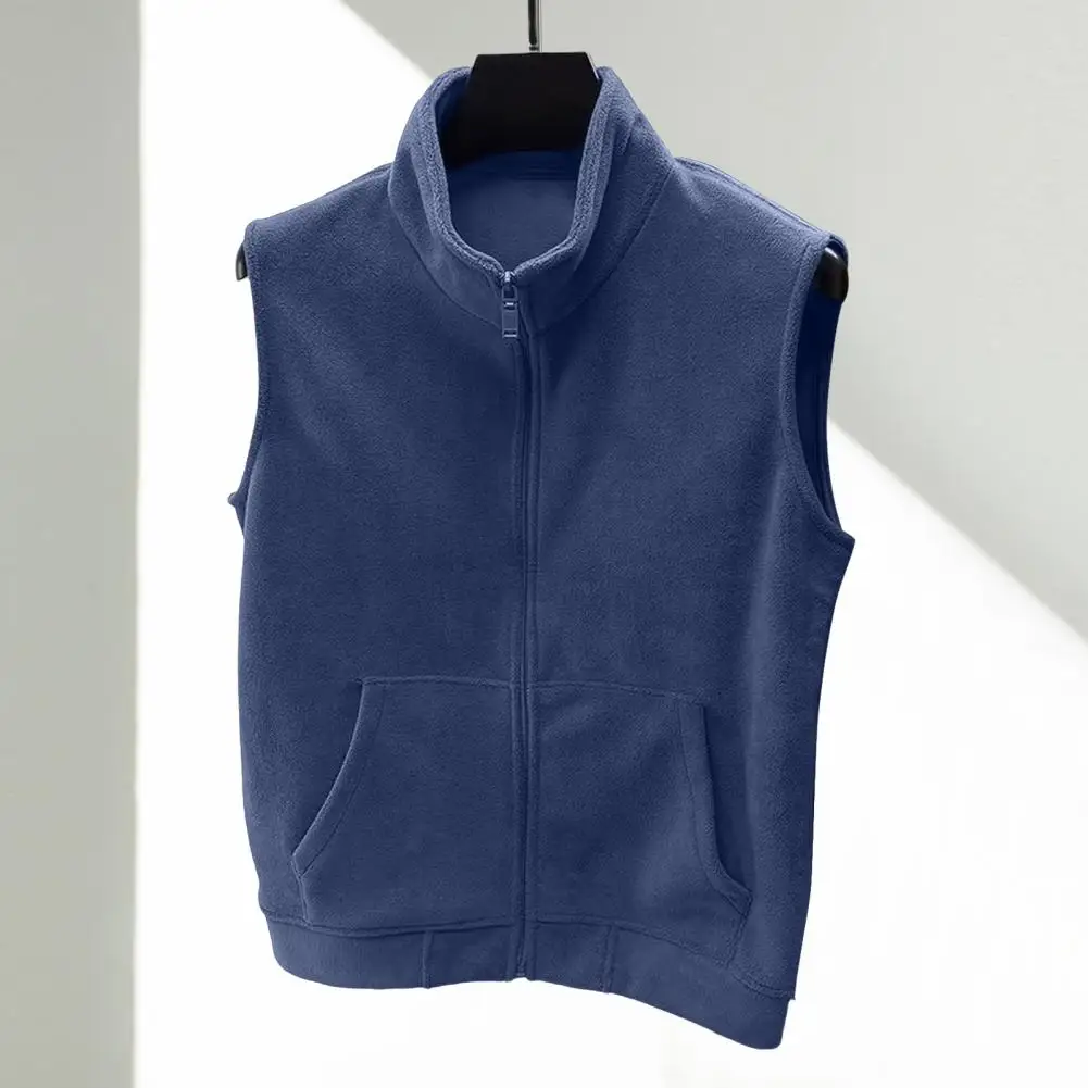 Men Polar Fleece Vest Coat Stand-Up Collar Sleeveless Zipper Placket Soft Warm Base Waistcoat