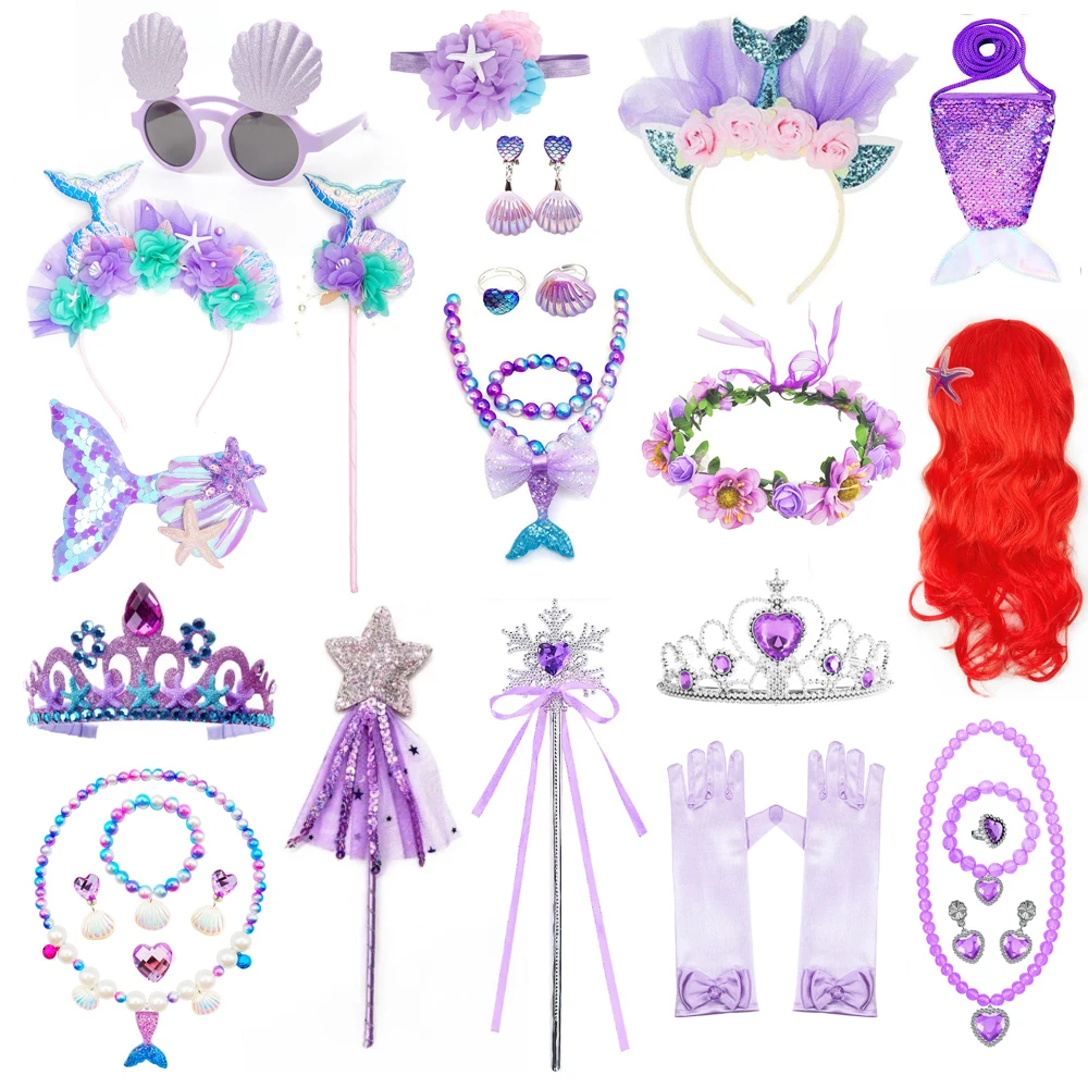 

Mermaid Accessories for Girls Cosplay Dress Up Princess Gloves Crown Wand Neacklace Bracelet Earrings Bag