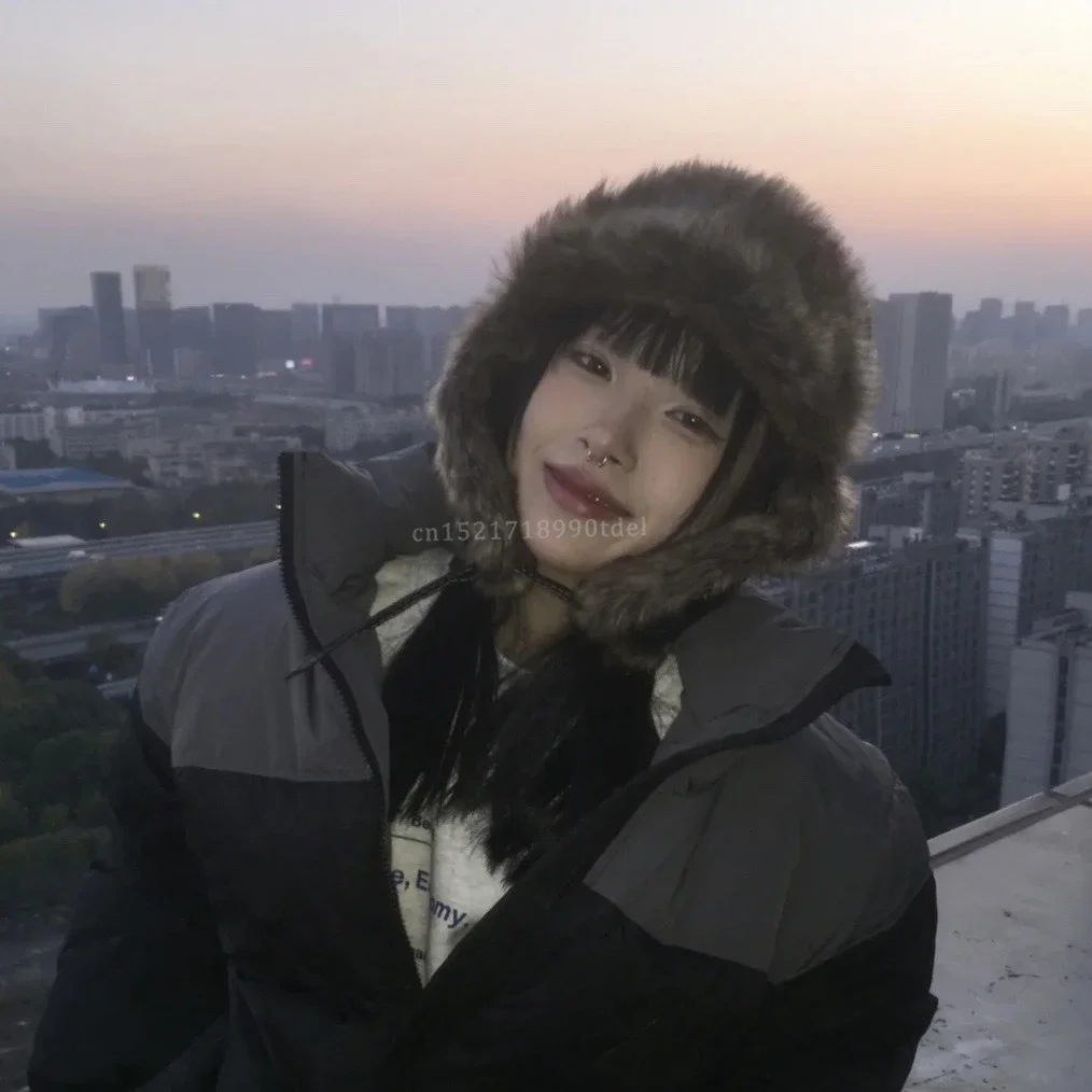 Korean Version Retro Plush Pilot Bomber Hats for Men and Women Ins Winter Thickened Warm PU Leather Windproof Ski Caps