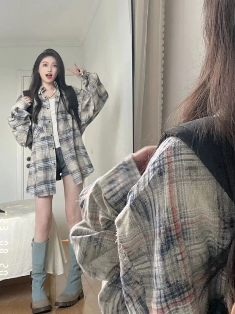 Vintage Plaid Single Breasted Harajuku Shirt  Y2k Aesthetic Oversized Bgrunge Louses Preppy Casual Streetwear Coats Outerwear