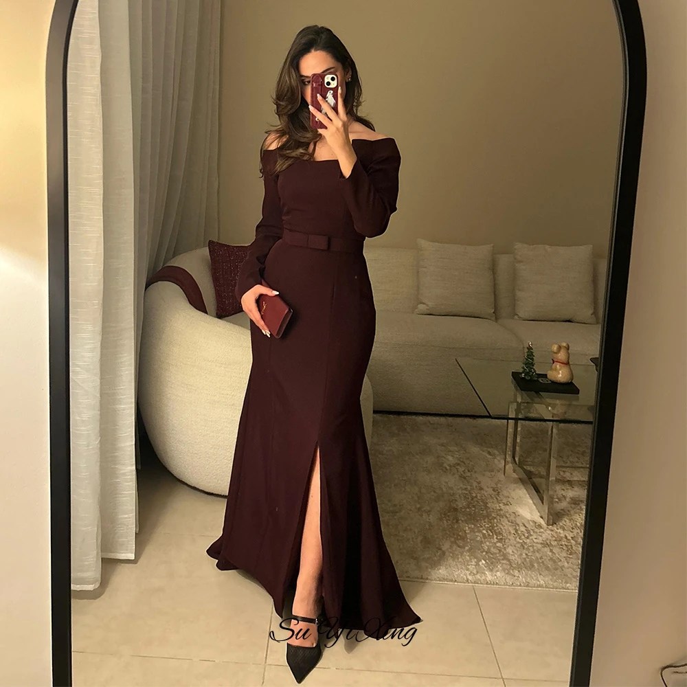 Simple Burgundy Jersey Prom Dress Elegant Mermaid Long Sleeves Evening Dress with Side Slit Classic Boat Neck Celebrity Gowns image 3