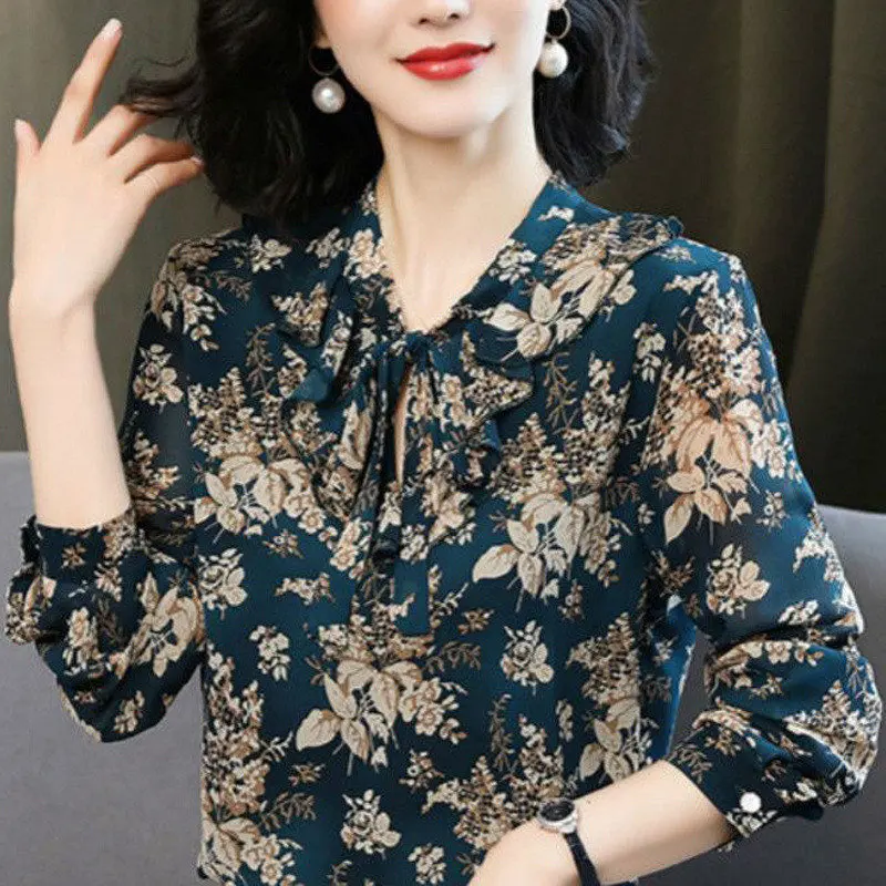 Vintage Ruffle Lace Up Floral Print Elegant Chic Sweet Chiffon Shirts Women Spring Autumn Fashion Long Sleeve Commute Blouse Top