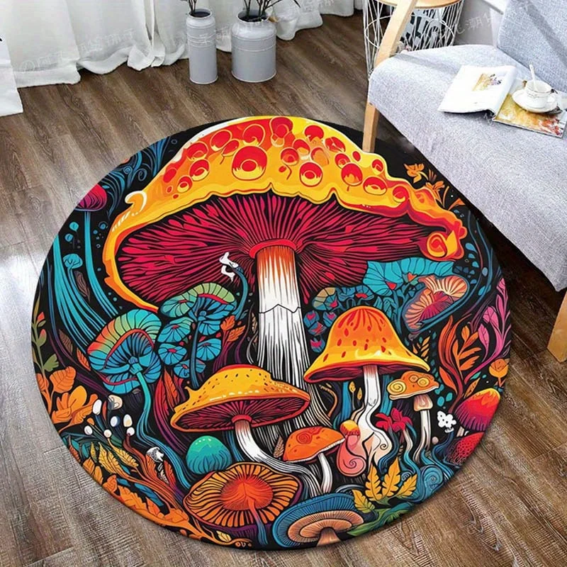 Charming Mushroom Print Round Rug - Machine Washable Flannel Mat for Indoor & Outdoor Decor, Ideal for Doorways and Bedrooms