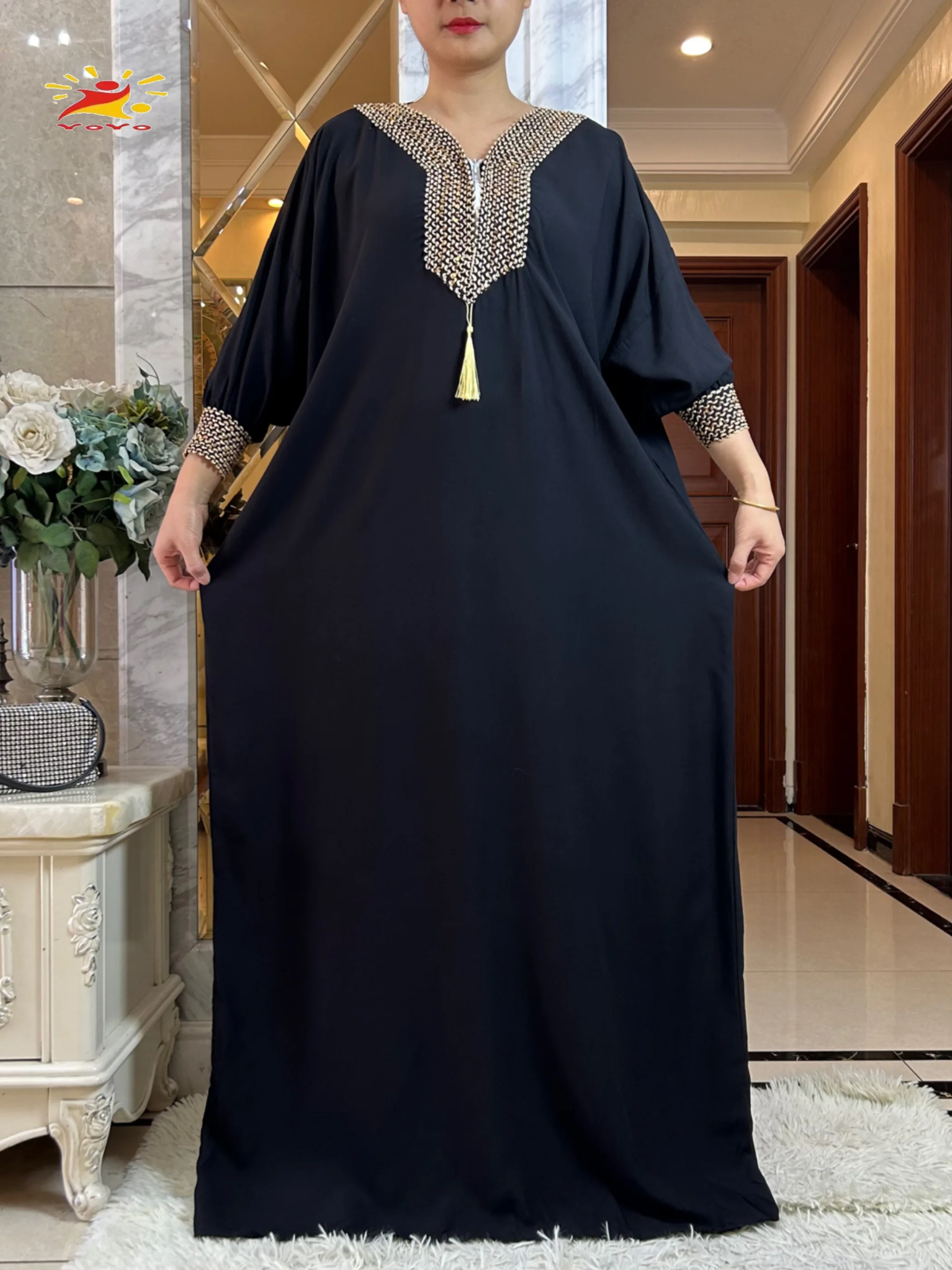 2025New Abito da donna musulmano a maniche lunghe in cotone con grande sciarpa Boubou Maxi Islam Abito da donna Abaya africano