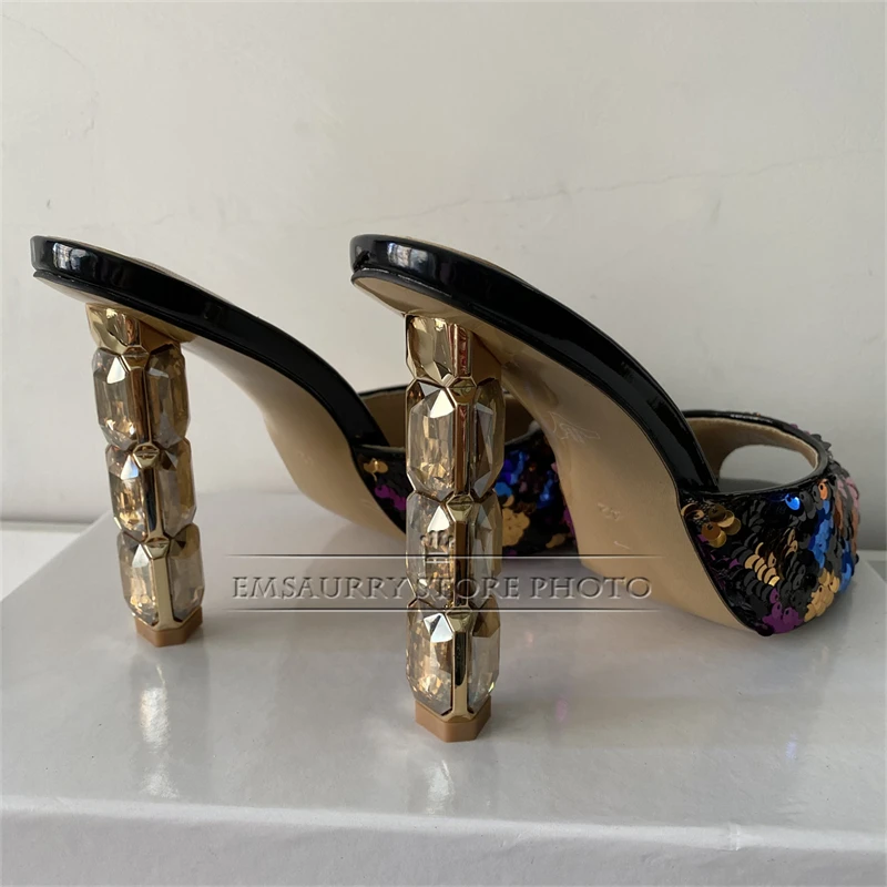 Colorful Bling Sequins Modern Sandals Women Diamond Triangle High Heel Slingbacks Summer Mules For Girls