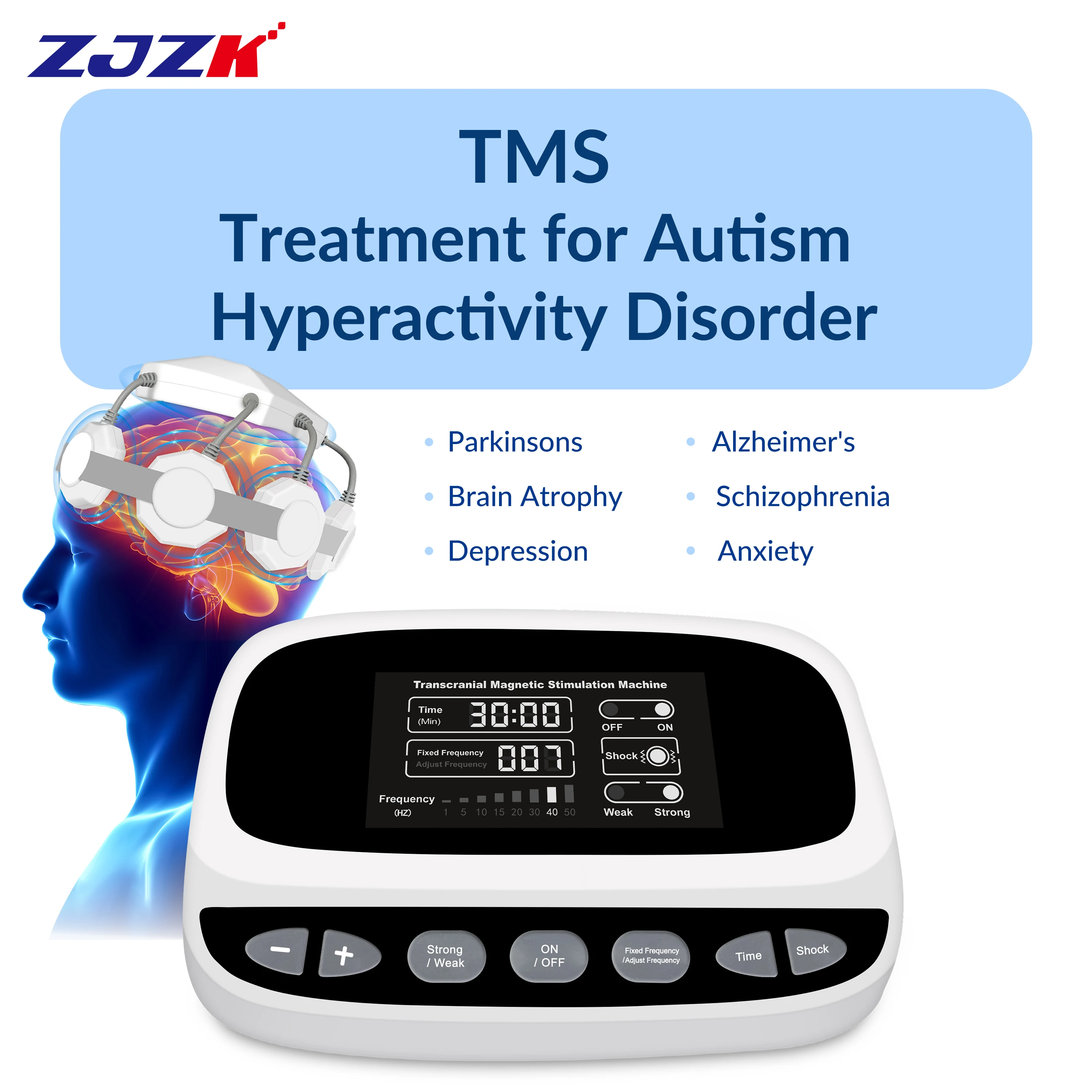 ZJZK Transcranial Electromagnetic Stimulation tDCS Machine rTMS Magnetic 19 Modes 1-50Hz 6-19mT for Depression Anxiety OCD PTSD