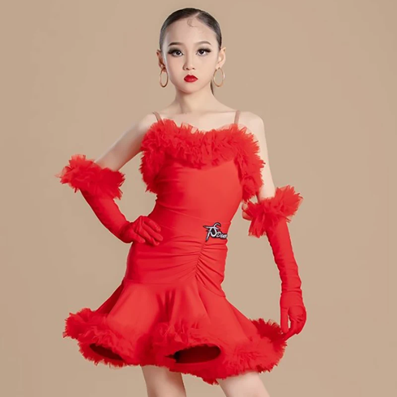 Traje de baile latino de rendimiento estándar nacional de competición para niñas, mono de gasa con tirantes finos y faldas oscilantes