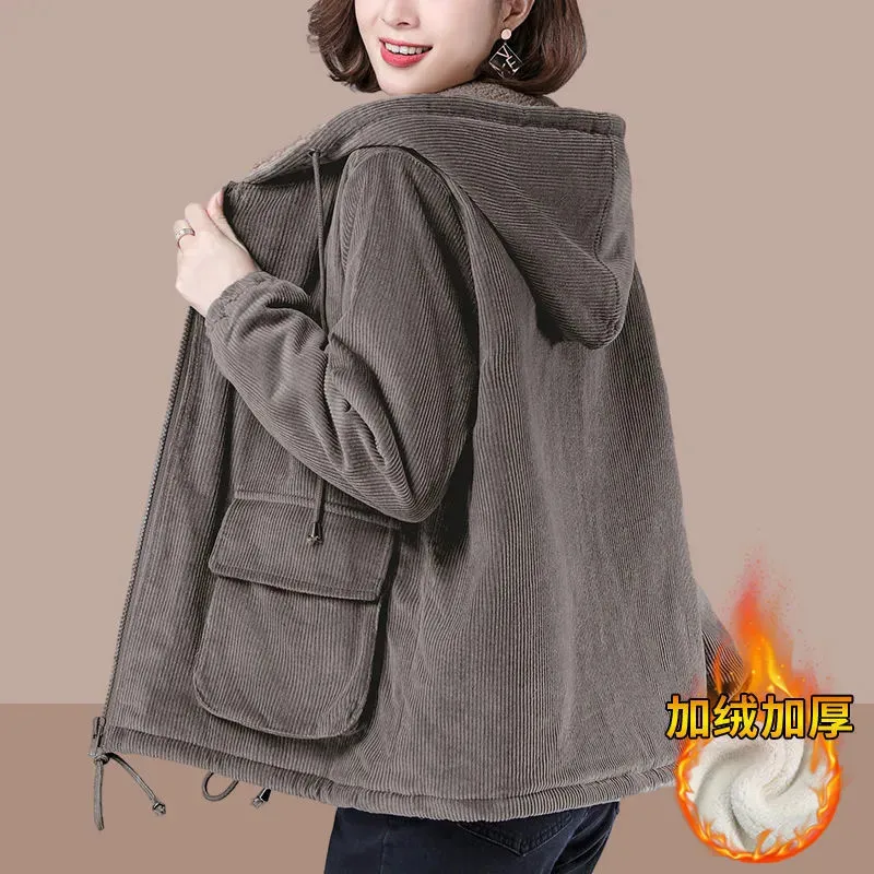 Fashion Corduroy Plus Velvet Hooded Coat Women\'s Short Thick Warm Autumn Winter Pocket Outwear 2022 New Loose Ladies Jackets