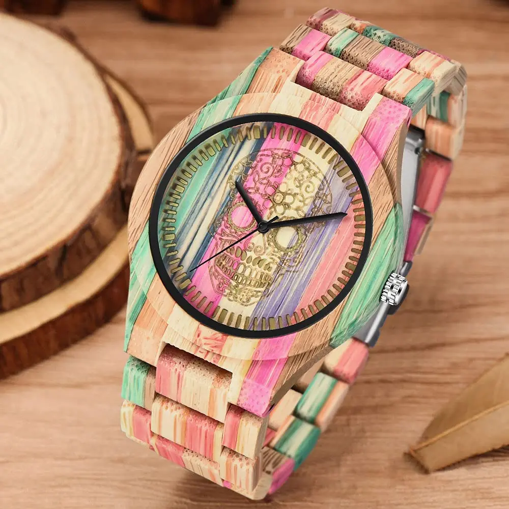 Jam tangan kuarsa kayu pria dan wanita, arloji pola tengkorak warna-warni, aksesori Fashion bisnis, jam kayu